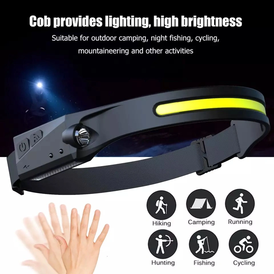 COB LED USB Headlight Outdoor Cycling Hiking Headlamp Sensor