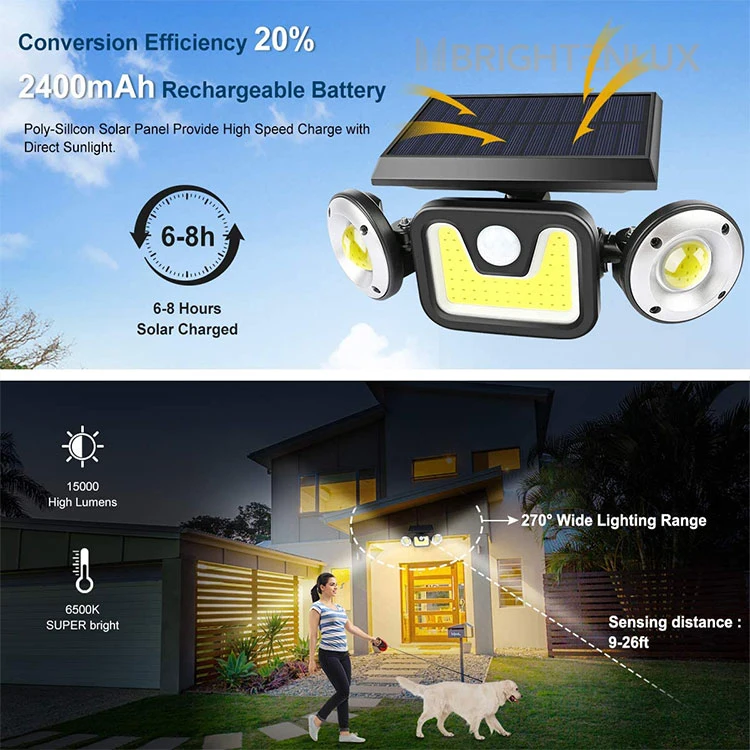 Brightenlux Solar Light Manufacturer 3 Modes Wide Angle IP65 Waterproof Solar Floodlight, 3 Head COB LED Solar Light Motion Sensor