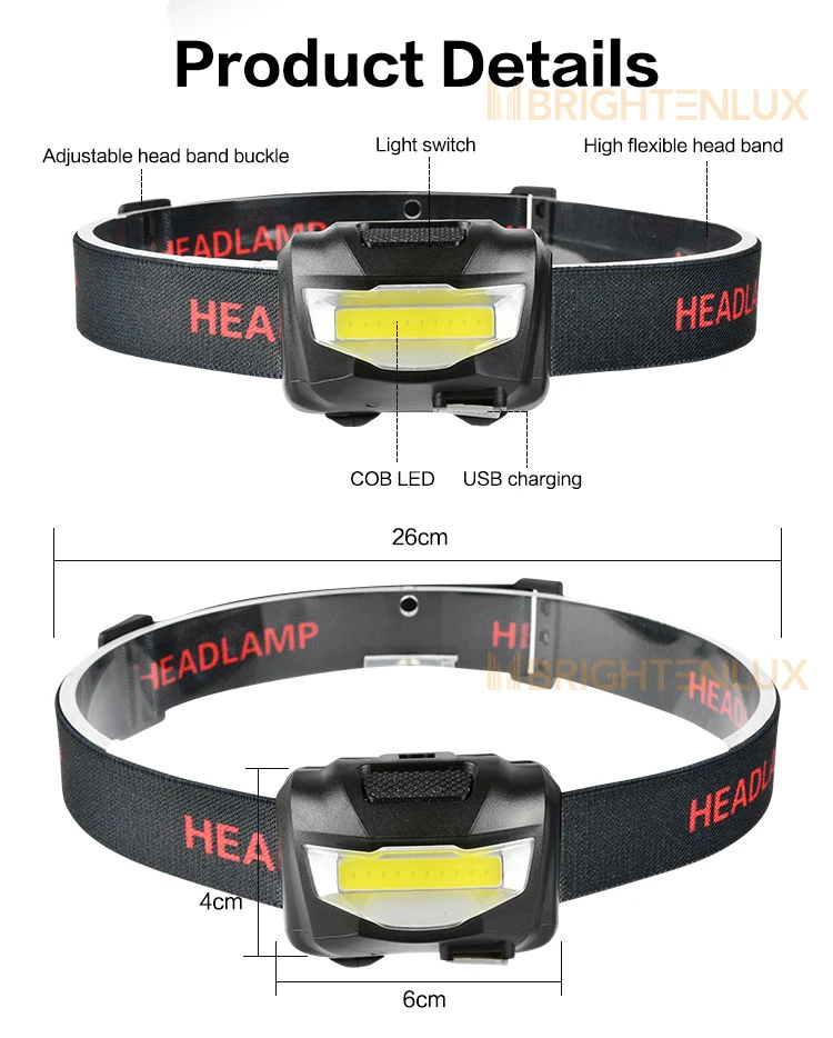 Brightenlux Best Seller Cheap Head Lamps COB LED Hiking USB Rechargeable Headlamps Small Customized Headlamp