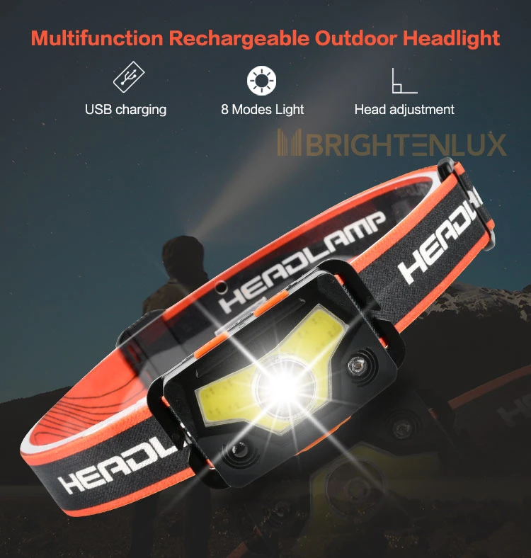 Brightenlux Factory Supply High Bright USB Rechargeable Battery 6 Modes LED Headlamp Tactical with Adjustable Belt