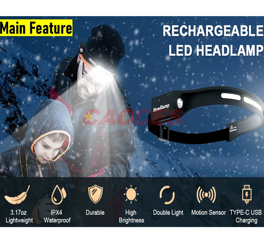 Headlamp Rechargeable,230d Wide Beam Head Lamp LED W/Motion Sensor-Camping Accessories Gear,Waterproof Head Light Flashlight for Hiking,Running,Fishing,Cycling