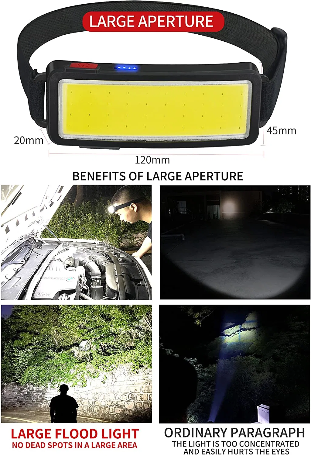 Portable COB Head Front Light Waterproof for Fishing Hiking Running Wide Beam 1200mAh Rechargeable USB LED Headlight Headlamp