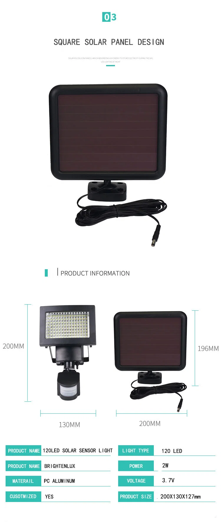 Brightenlux 180 Degree 120 LED ABS Plastic Waterproof Long Range Outdoor Solar Wall Garden Lights with Sensor Design