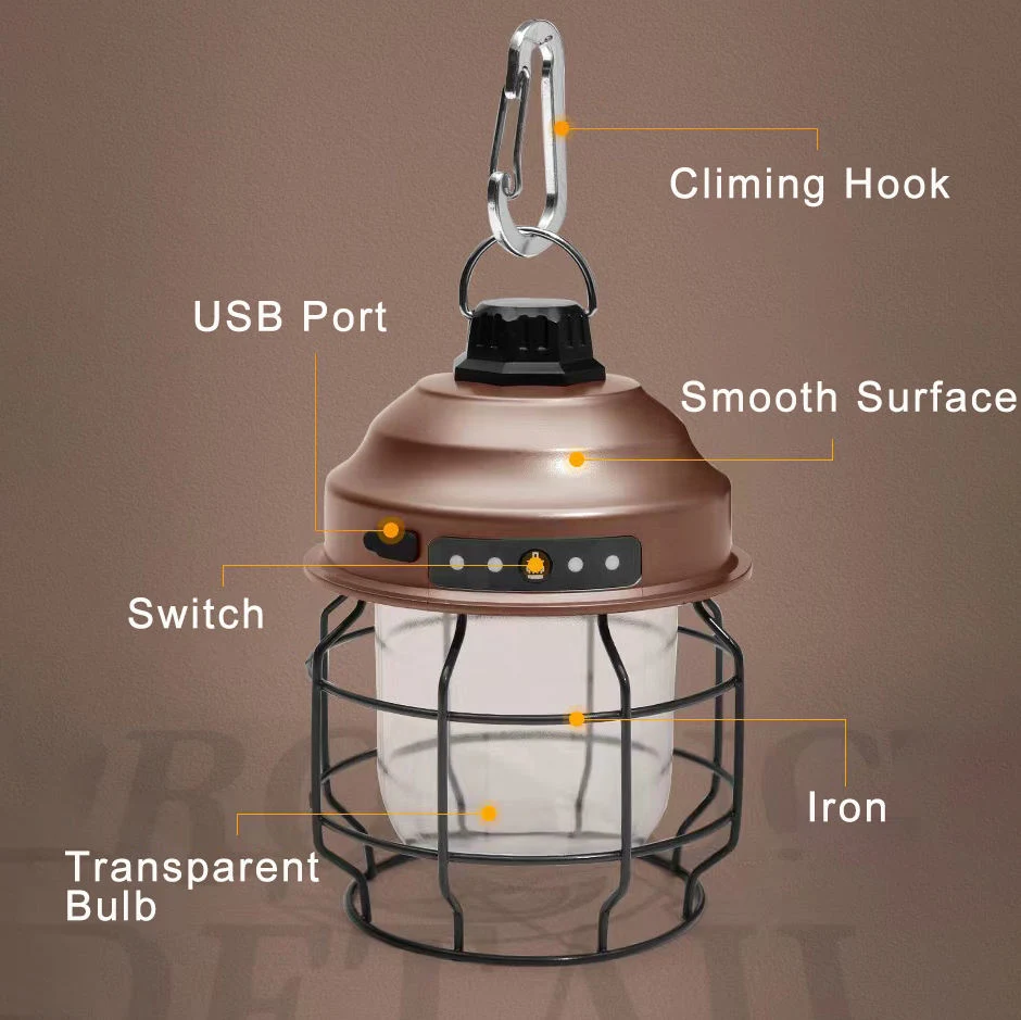 3600mAh Battery Metal Vintage Style USB Charging Tent Light