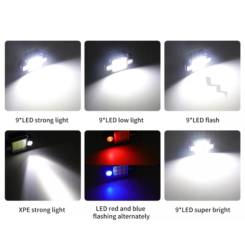 Portable Magnetic Work Lamp LED Red Blue Flashing 9 COB Multi-Function 5 Mode Light Fishing Camping Headlamp