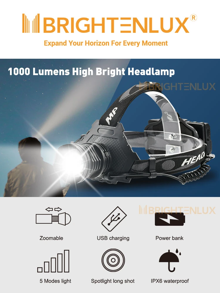 Brightenlux High1200 Lumens Multifunction Headlamp P70 Outdoor LED Headtorch Rechargeable with Power Bank