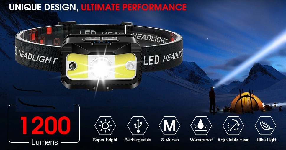 Outdoor COB Motion Sensor Camping Head Lamp LED Rechargeable Flashlight Head Light Torch Headlamp with USB Charge