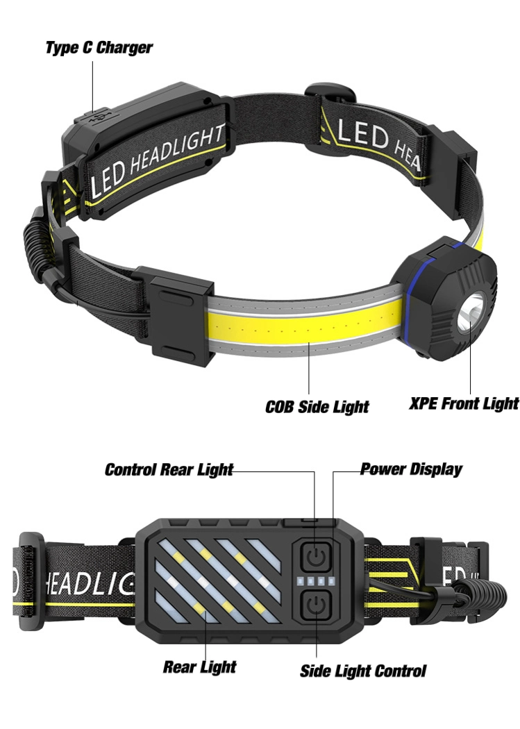 Newest Design 500 Lumen COB Head Torch Lamp Rechargeable Head Torch Portable LED Headlight Camping COB LED Headlamp with Warning Lighting