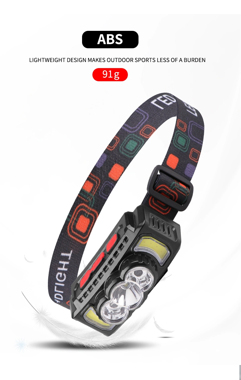 Goldmore2300 LED Headlamp Rechargeable XPE COB Headlamp Red Light Motion Sensor 7 Modes USB Rechargeable Lightweight for Running