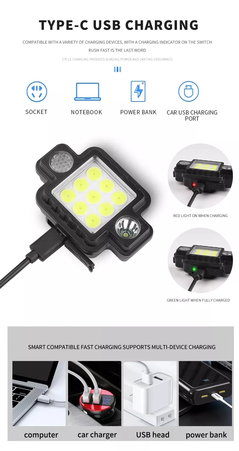 Portable Magnetic Work Lamp LED Red Blue Flashing 9 COB Multi-Function 5 Mode Light Fishing Camping Headlamp