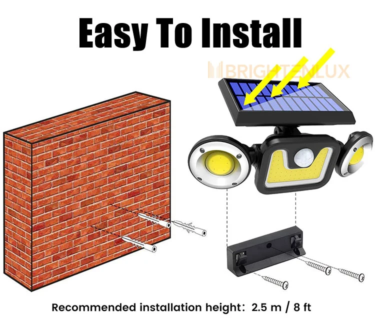 Brightenlux Solar Light Manufacturer 3 Modes Wide Angle IP65 Waterproof Solar Floodlight, 3 Head COB LED Solar Light Motion Sensor