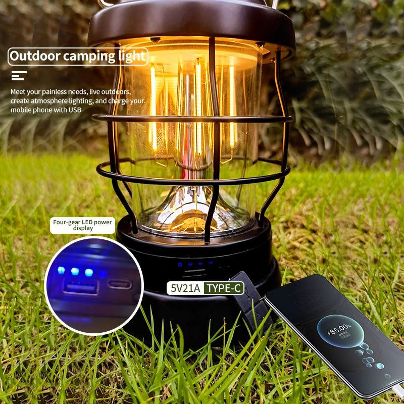 Outdoor Camping Essentials Portable Atmosphere Lamp Rechargeable Stepless Adjustable Light Source Retro LED Lantern