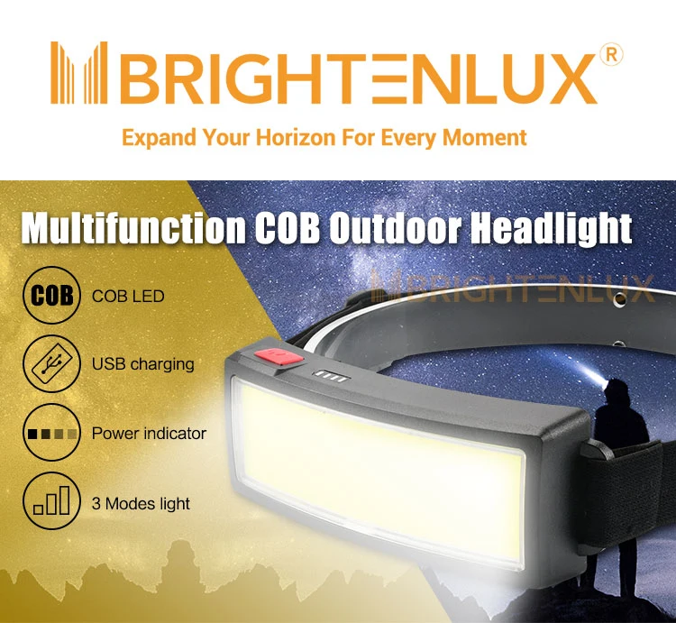 Brightenlux New Design Fashion 3 Modes Light Rechargeable Miner Lamp Headlamp, High Lumens COB LED Head Flash Light for Night Outdoor