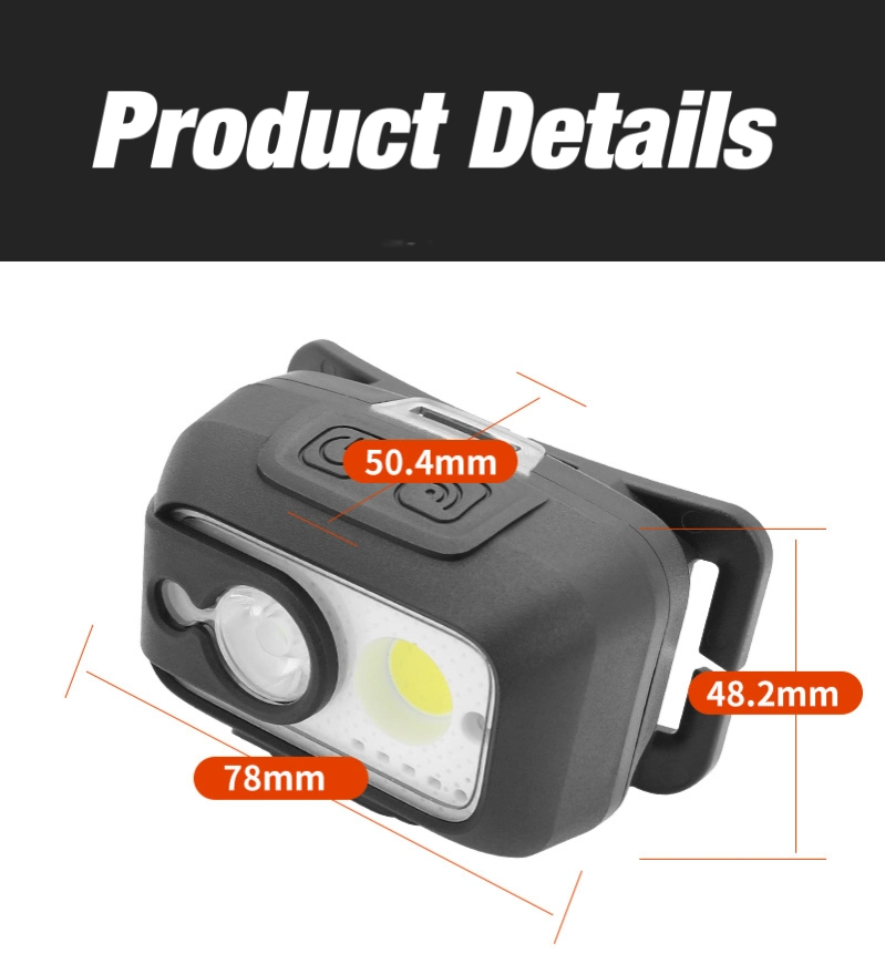 Hot Camping Emergency Xpg Portable Head Torch Lighting 480 Lumen Rechargeable LED Head Lamp 90 Degree Rotating Type C COB Headlamp with Sensor Switch