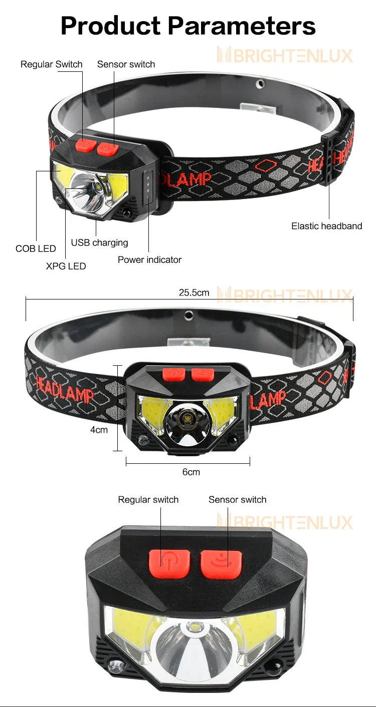 Brightenlux Custom Running Hiking Long Range Sensor Rechargeable Mining Battery Whaterproof COB LED Headlamp