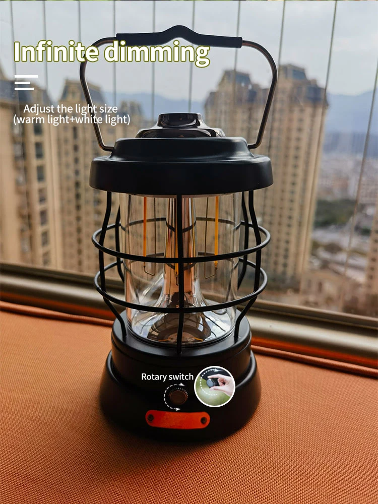 Outdoor Camping Essentials Portable Atmosphere Lamp Rechargeable Stepless Adjustable Light Source Retro LED Lantern