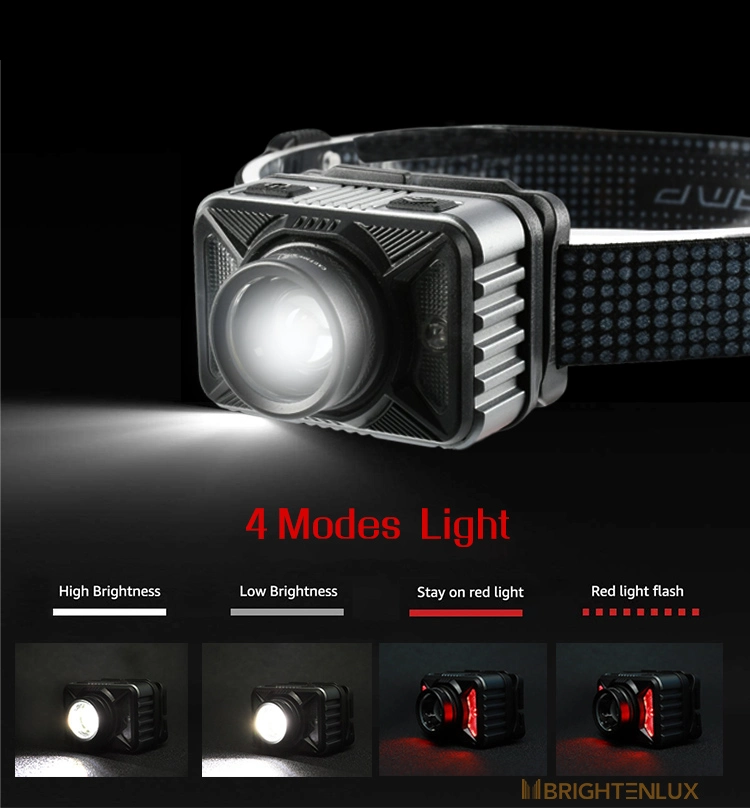 Brightenlux Logo Printing Adjustable Super Power USB Charging Long Range LED Headlamp with 4 Modes Light