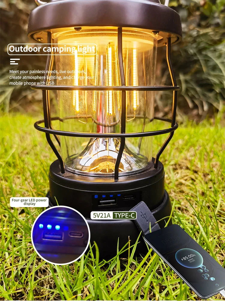 Outdoor Camping Essentials Portable Atmosphere Lamp Rechargeable Stepless Adjustable Light Source Retro LED Lantern