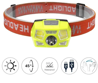  Neues Design Camping Notfall Kopf Taschenlampe Licht Jagd Wiederaufladbare Scheinwerfer Sensor Switch Funktion 45 Grad Einstellbare LED-Scheinwerfer