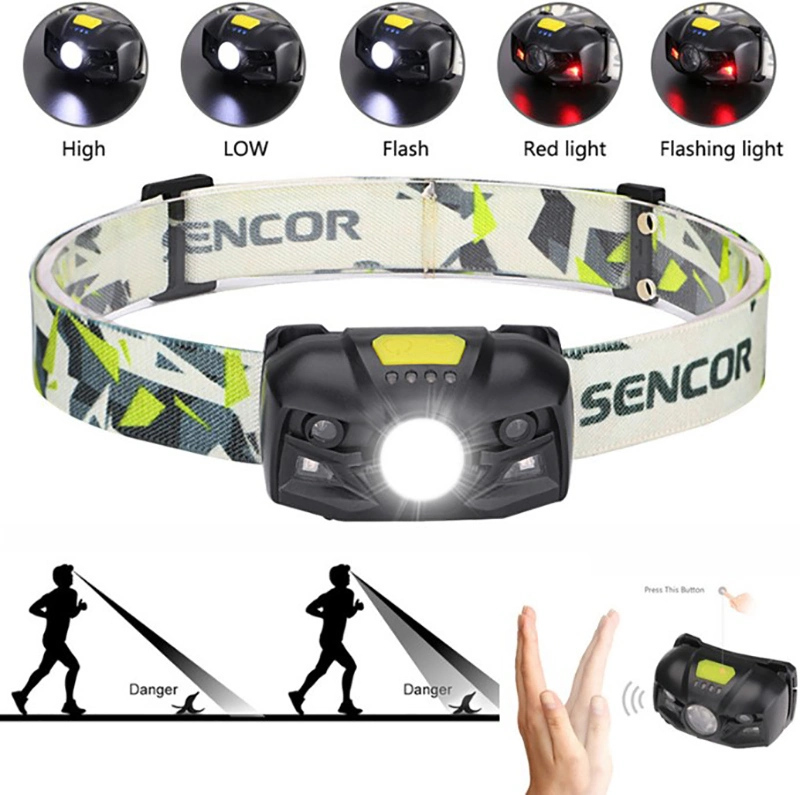 Wholesale Body Motion Sensor Head Torch Light Camping Flashing Head Lamp Torch Headlight Rechargeable LED Headlamp with Red Warning Light