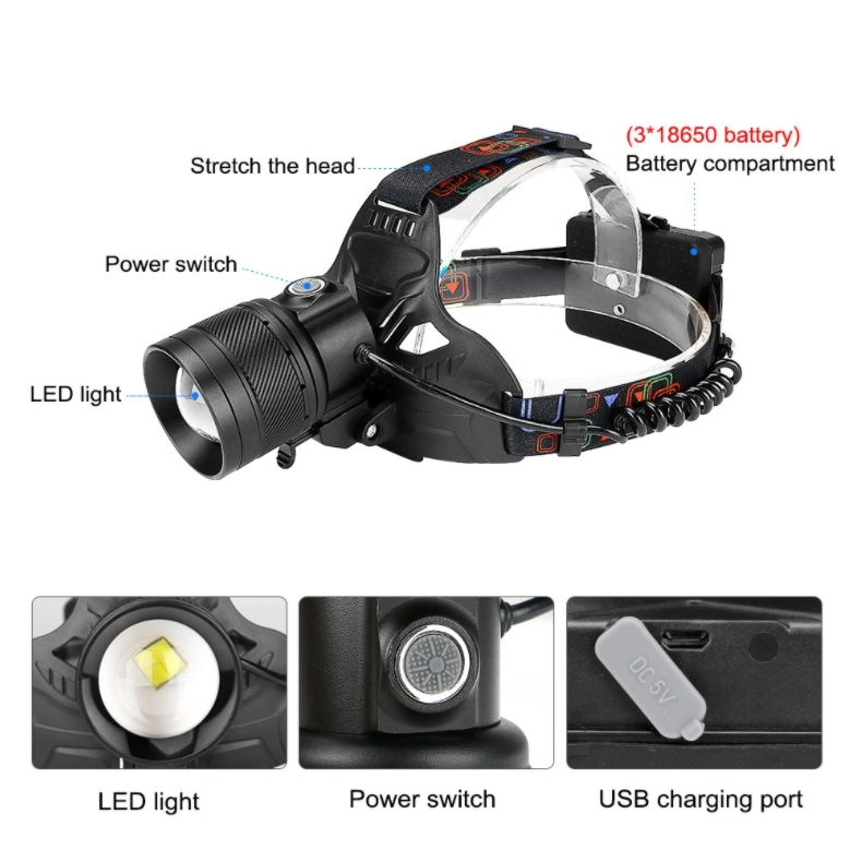 Outdoor Camping Head Torch Lamp P50 Powerful Zoomable Aluminum Headlamp Rechargeable Waterproof 800 Lumen Head Torch Light Hunting Flashing LED Headlight