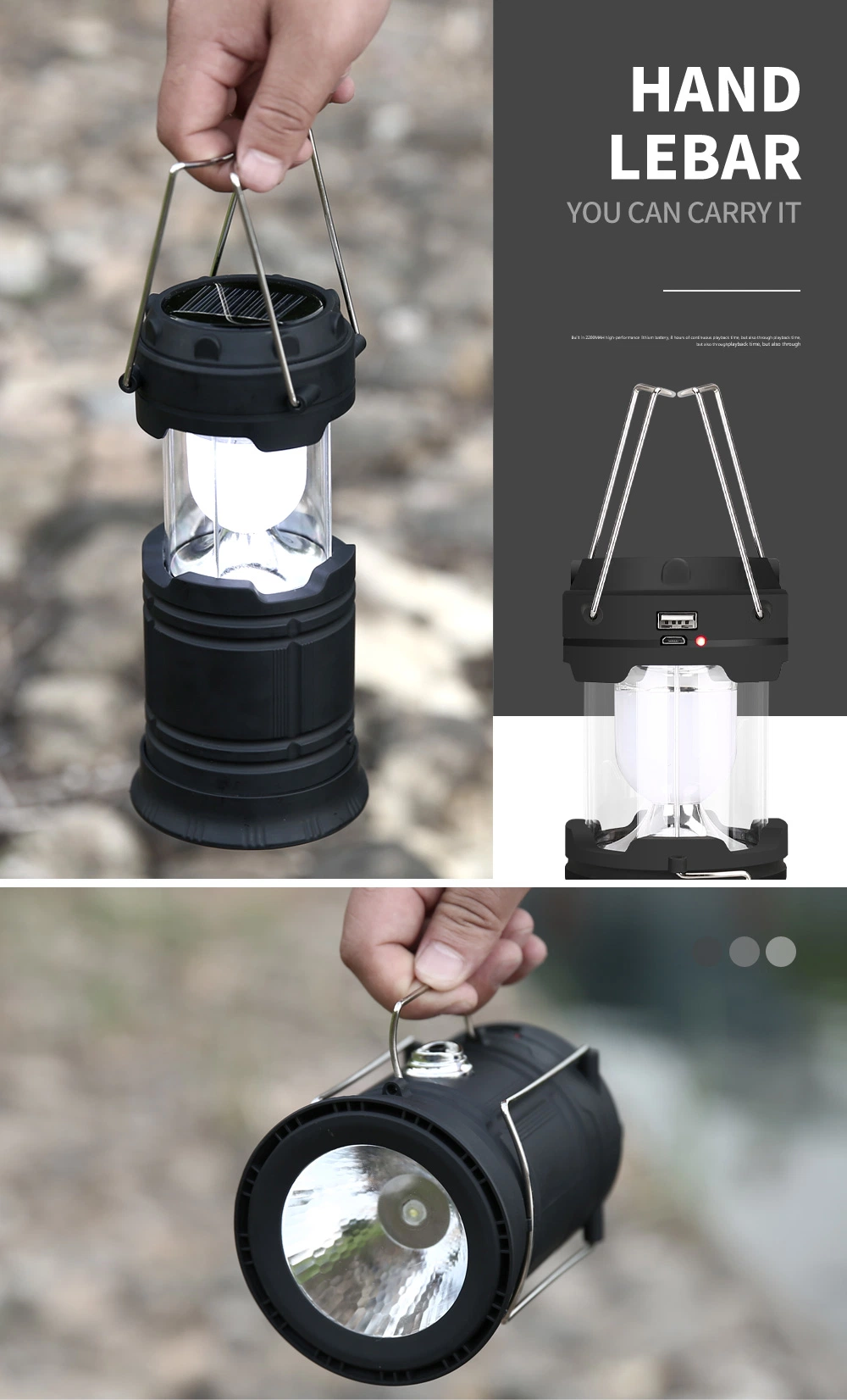 Portable USB Solar Charging Outdoor Emergency Hiking Camping Light