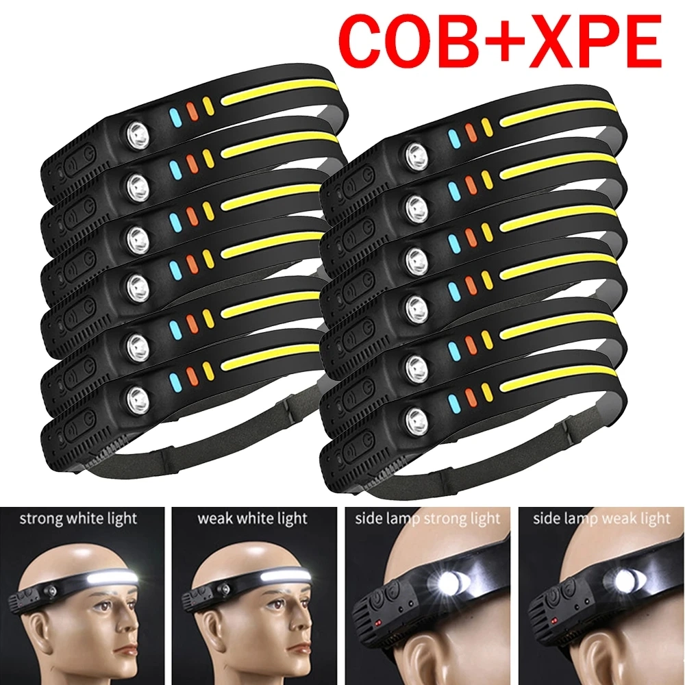 COB Sensor 6 Modes Fishing Head Torch Built in Battery Camping Flashlight Rechargeable Headlamp