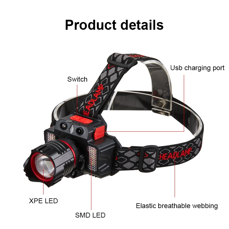Xhp50+SMD LED Headlamp 4500lumen Zoomable Rechargeable Built-in Battery Type-C Flashlight Headlight