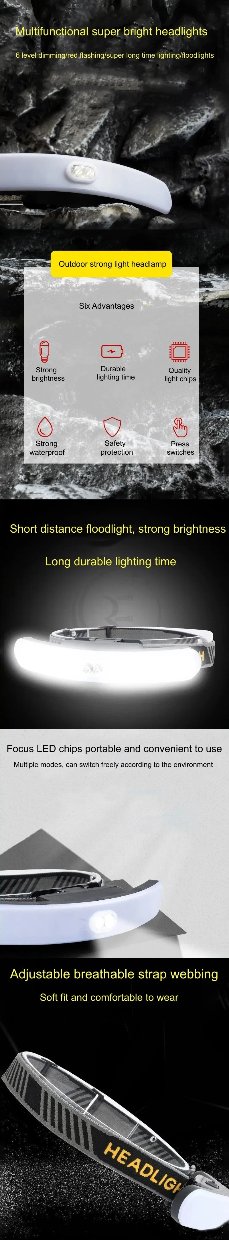 USB Rechargeable Induction LED Headlamp Fishing Head Light Lamp Lantern