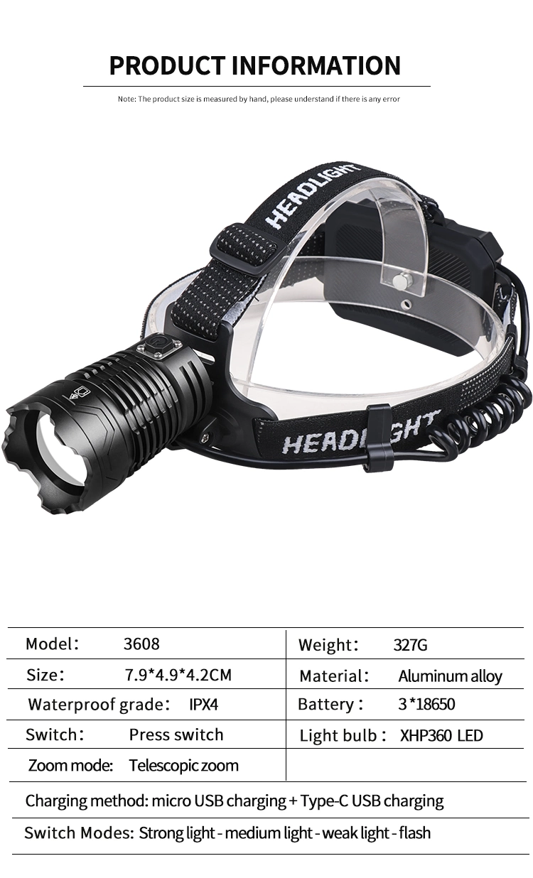 Camping Hiking Xhp360 Headlight Micro/Type-C Warning Light Battery Indicator Power Bank 5000lm LED Headlamp