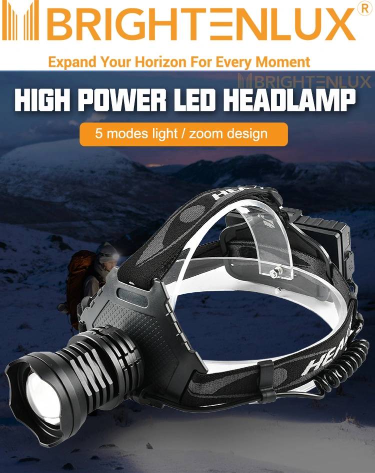 Brightenlux Logo Printing Zoomable 1000 Lumen Super Power Ipx6 Waterproof Outdoor LED Xhp70 Headlamp with Power Bank