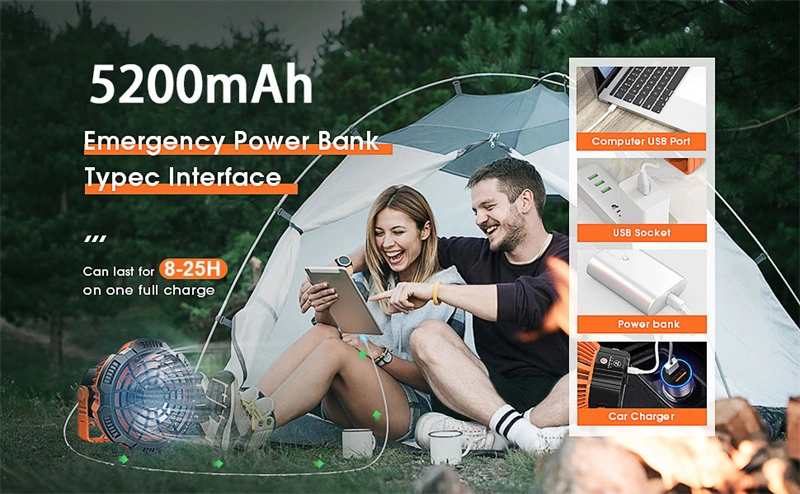 5200mAh Portable Camping Lamp with Fan 2in1 LED Light USB Rechargeable Outdoor Tent Fan Lantern