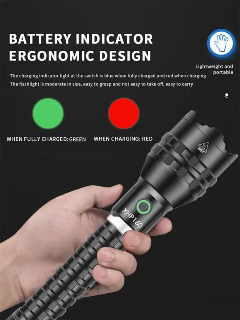 Xhp160 Powerful LED Flashlight Zoomable LED Torch Type-C Rechargeable Tactical Flashlight 18650/26650 Hunting LED Torch Light