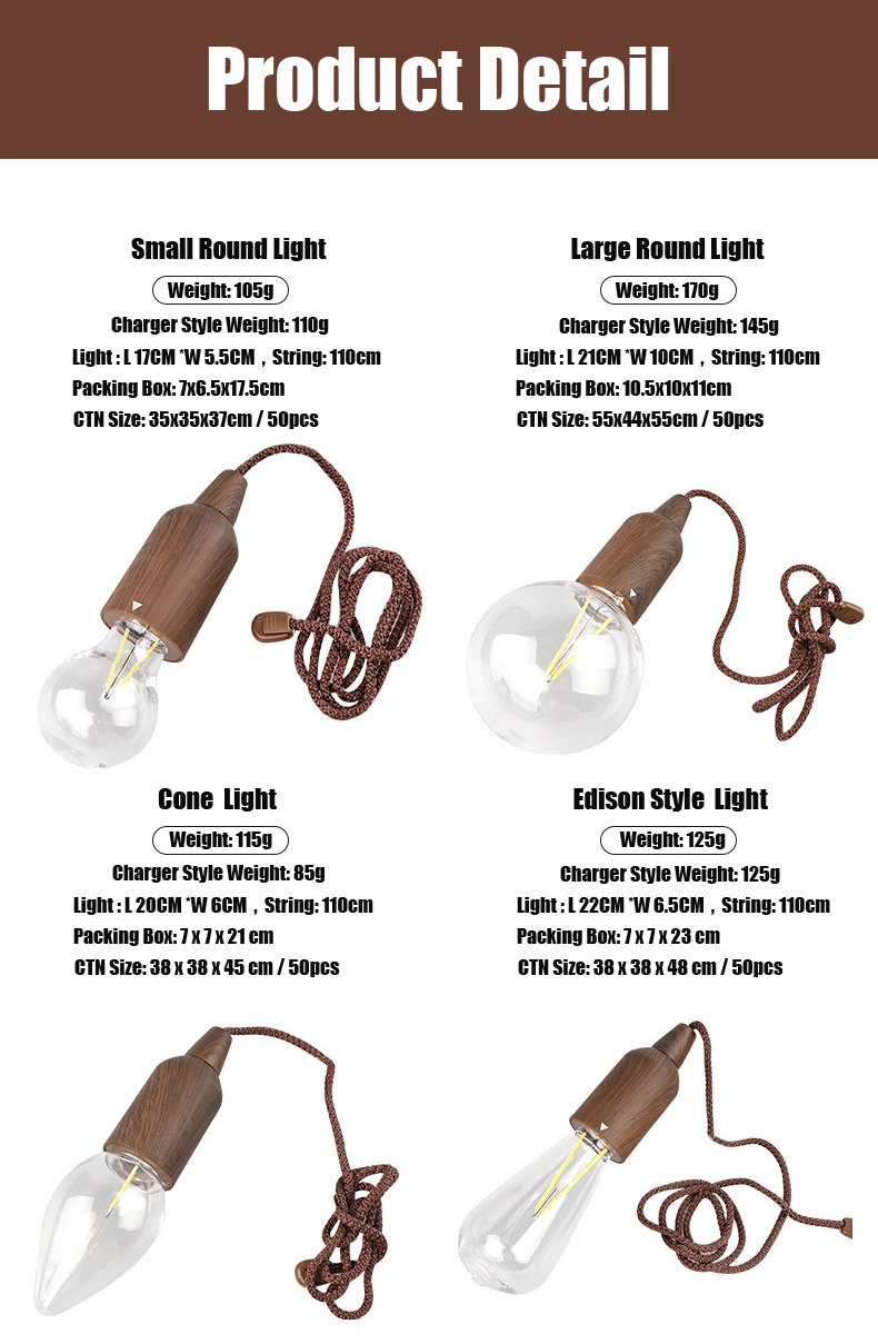 Outdoor Camping Vintage Retro LED Lighting Tent Lights Battery Operated Hanging Rope Pull Cord Lights