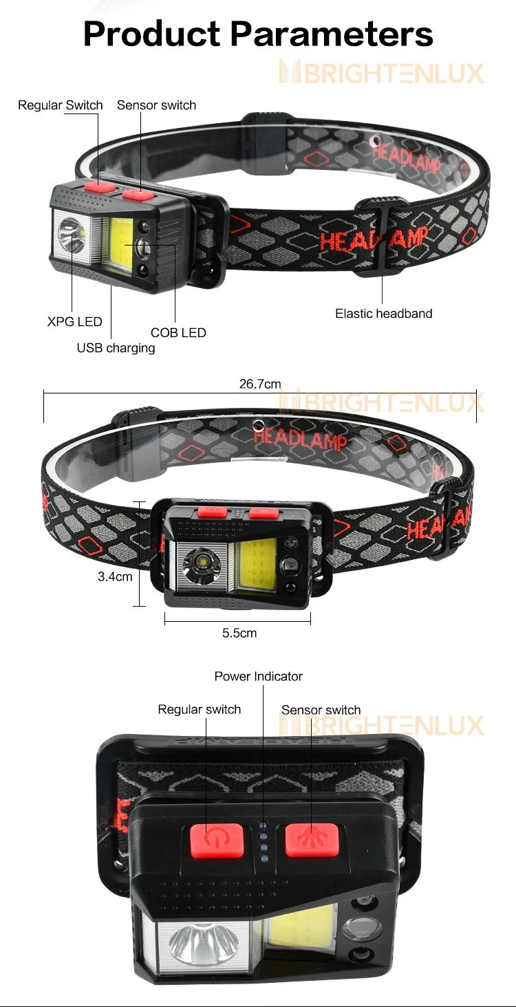 Brightenlux Outdoor USB Rechargeable LED Headlamp IP44 Waterproof Sensor COB LED Headlamp