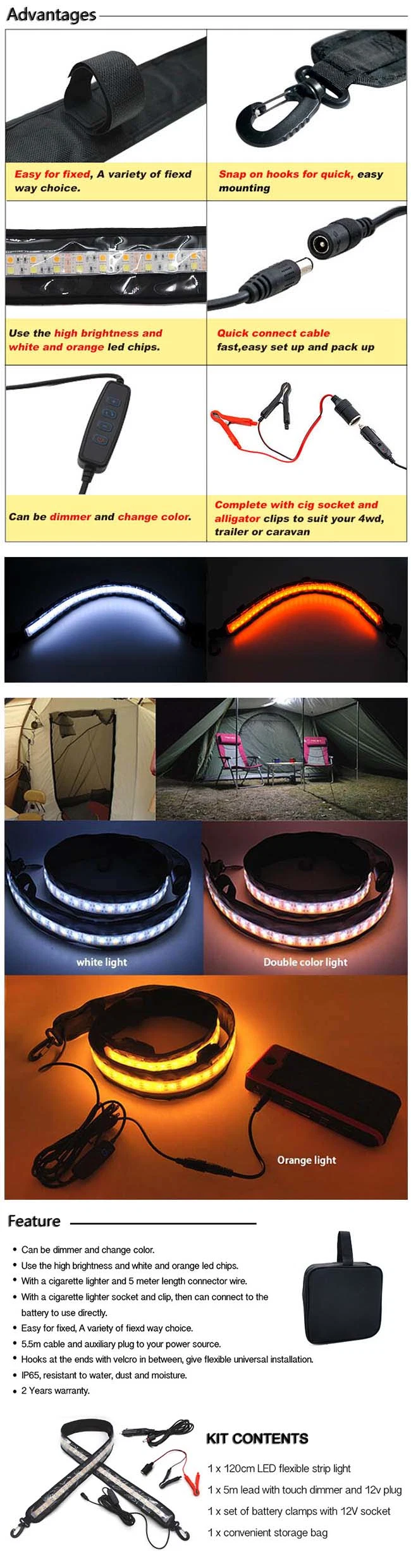 DC12V Dual Colour Flexible LED Camping Strip Work Working Light for Offroad Car Fishing Tent