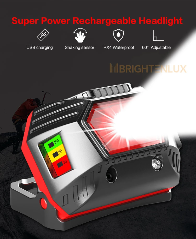 Brightenlux Logo Printing 60 Adjustable Mini Shaking Sensor Ipx4 Waterproof Rechargeable COB LED Tactical Mini Headlamp