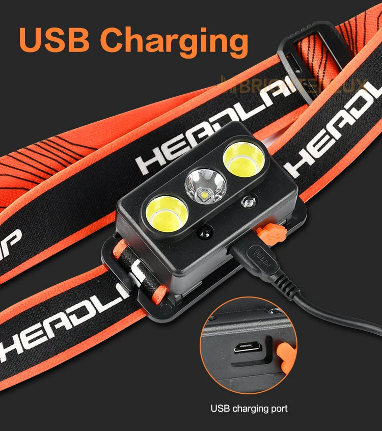 Brightenlux Logo Printing Long Range 6 Modes Light USB Charging COB LED Rechargeable Outdoor Headlamp Camping