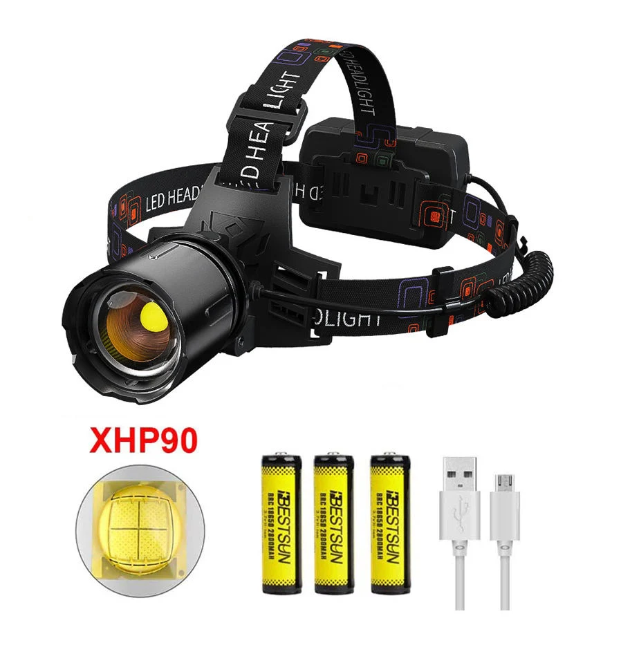 10000 High Lumens Waterproof Zoomable Xhp90 Headlamp with 3PCS Batteries