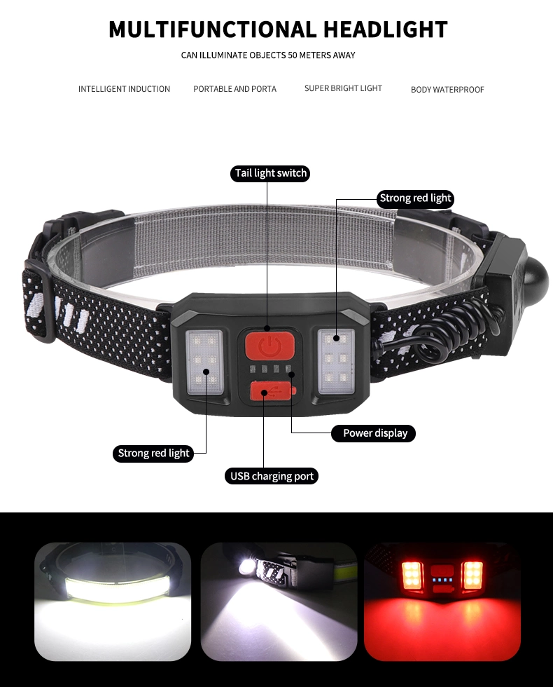 Portable Motion Sensor COB Floodlight Waterproof for Fishing Hiking Running Wide Beam Rechargeable USB LED Headlight Headlamp