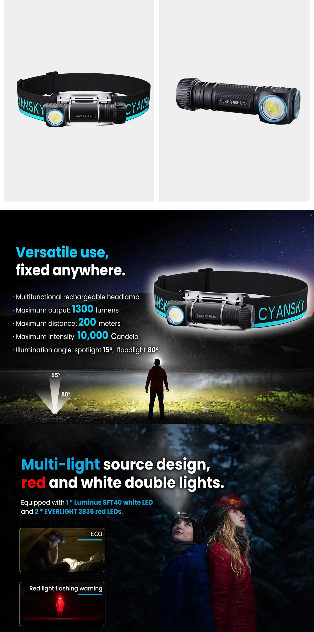 White and Red Double Light Multifunctional Rechargeable Headlight