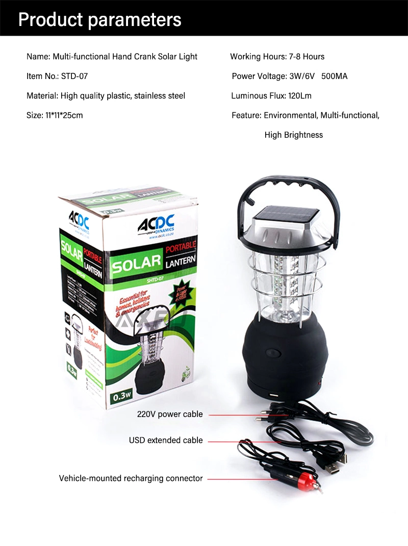 LED Rechargeable Camping Solar Powered Light with Hand Crank for Emergency