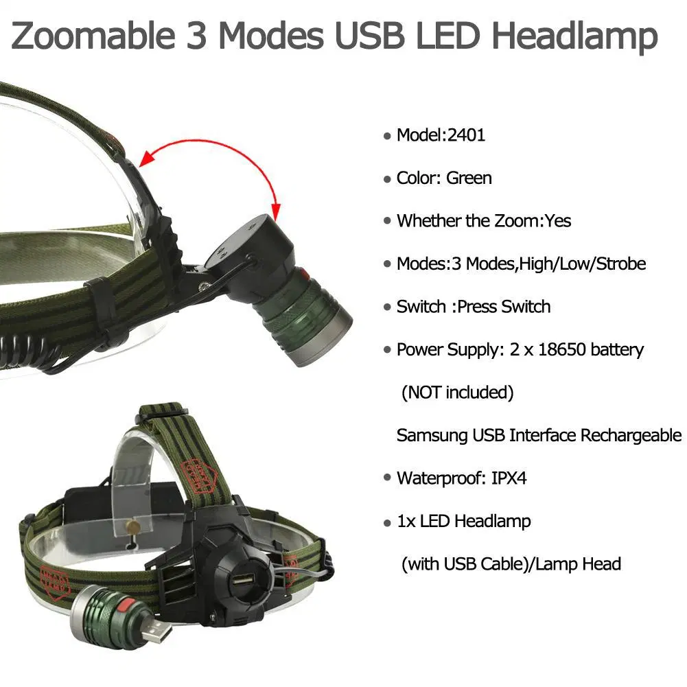 Multifunctional Camping Head Torch Light Rechargeable LED CREE XPE Headlight 3 Work Modes with Power Bank Function Zoomable Portable LED Headlamp