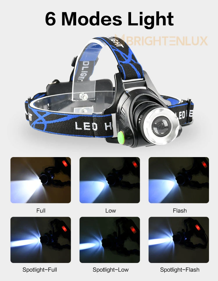 Brightenlux Logo Printing 800 Lumen USB Charging DC Charging Zoomable LED Headlamp Headlight with 3 Lighting Modes