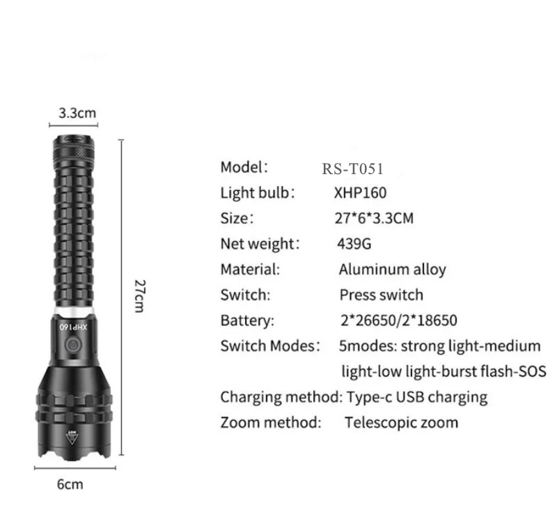 Xhp160 Powerful LED Flashlight Zoomable LED Torch Type-C Rechargeable Tactical Flashlight 18650/26650 Hunting LED Torch Light