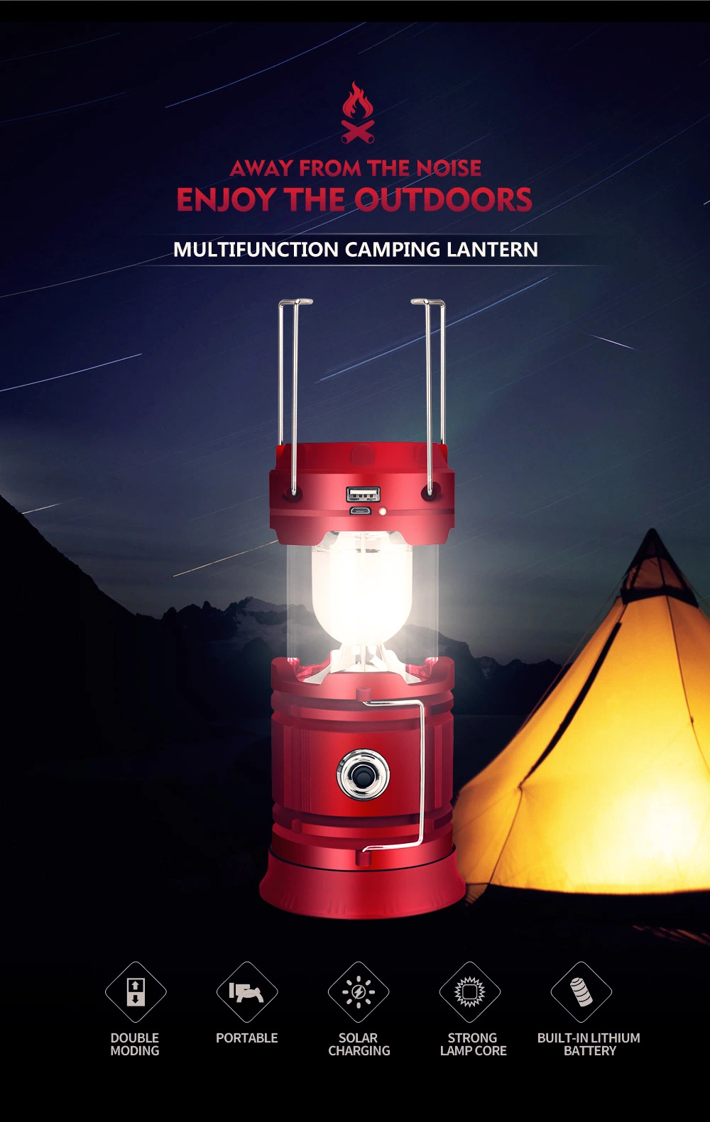 Portable USB Solar Charging Outdoor Emergency Hiking Camping Light