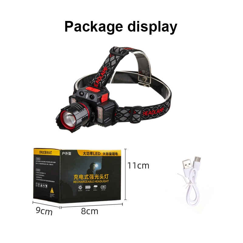 Xhp50+SMD LED Headlamp 4500lumen Zoomable Rechargeable Built-in Battery Type-C Flashlight Headlight