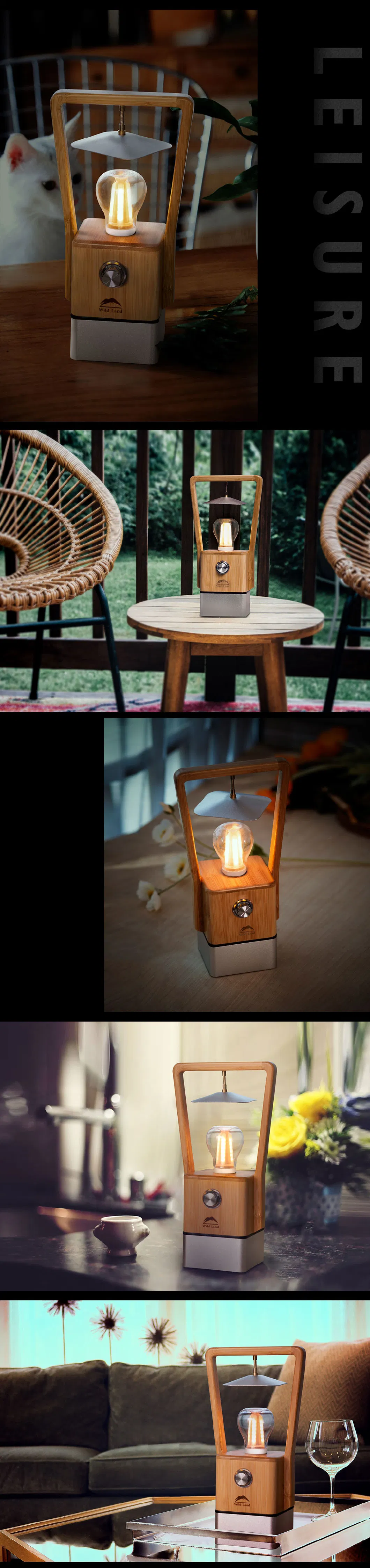 Dimmable Outdoor Garden Camping Light with Nature Bamboo and Power Bank Function