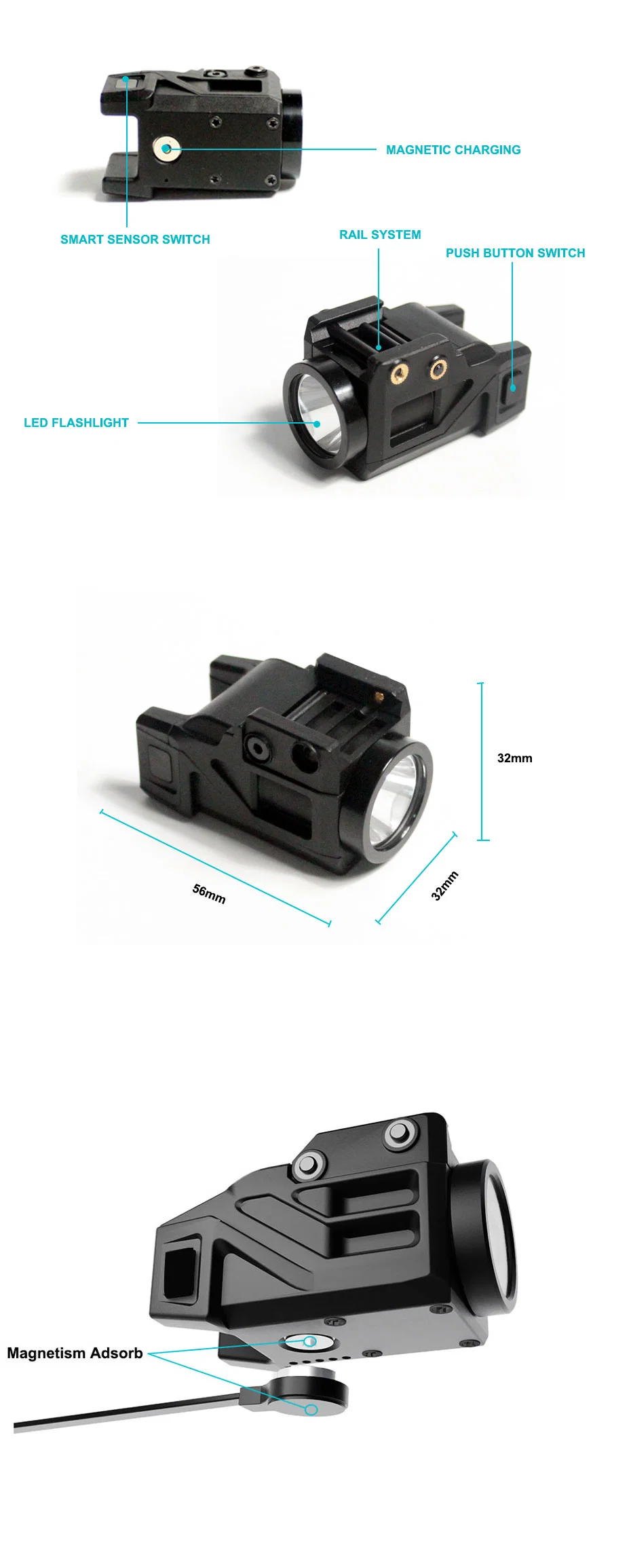 2021 New Magnetic Rechargeable Intelligent Smart Sensor Switch High 600 Lumens Pistol Weapon LED Light for Self Defense and Hunting