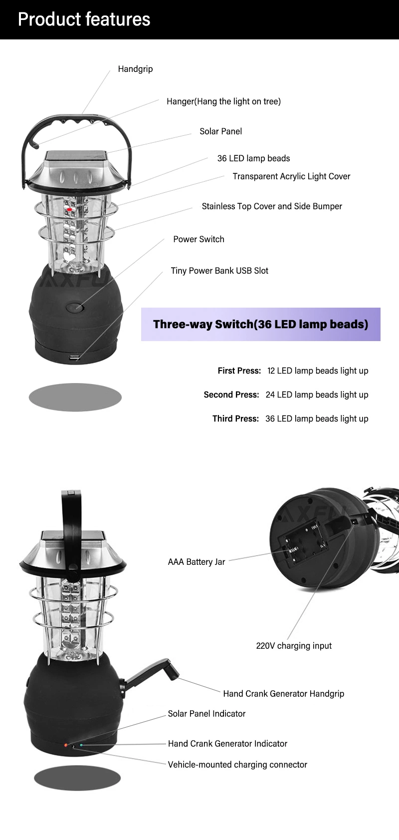 LED Rechargeable Camping Solar Powered Light with Hand Crank for Emergency